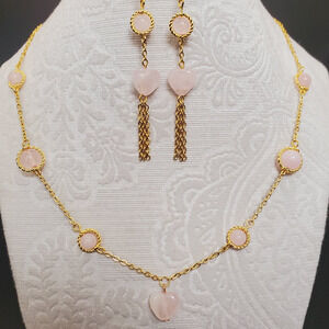 Rose Quartz Heart Jewelry Set for women Earrings 14k Gold Filled Necklace